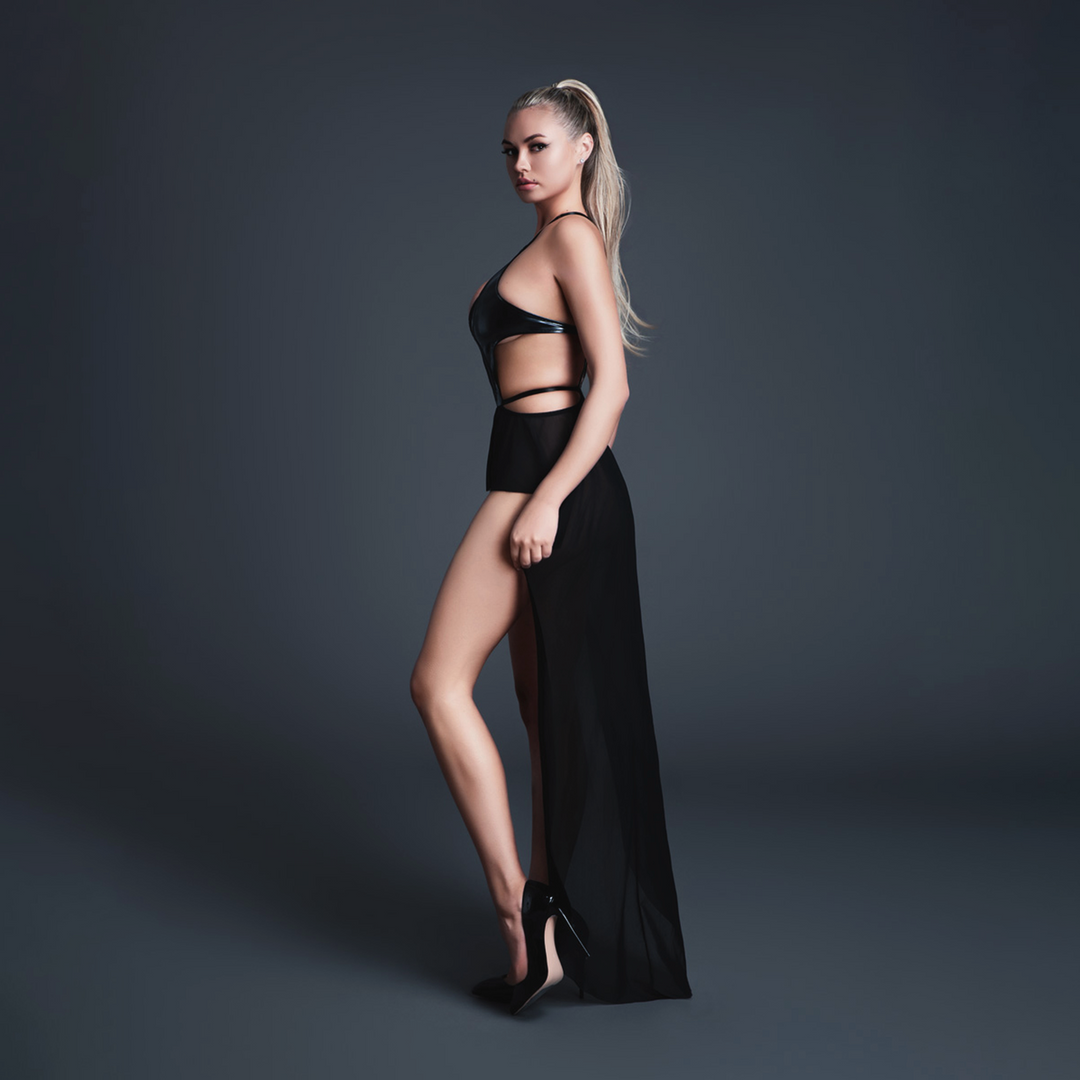 Take Me - Latex-look Vinyl and Mesh Bodysuit with Flirty Skirt