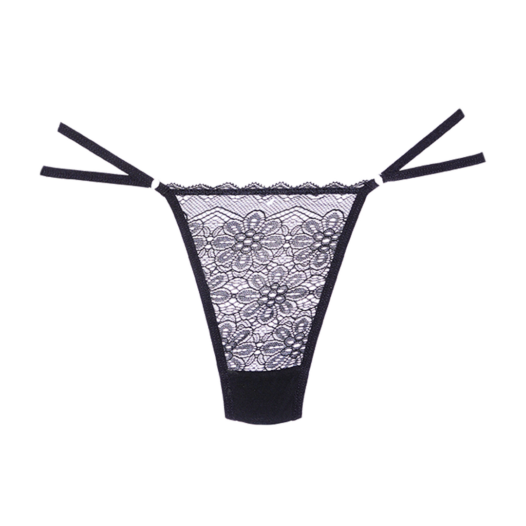 Lace and Mesh Thong - One Size - Black