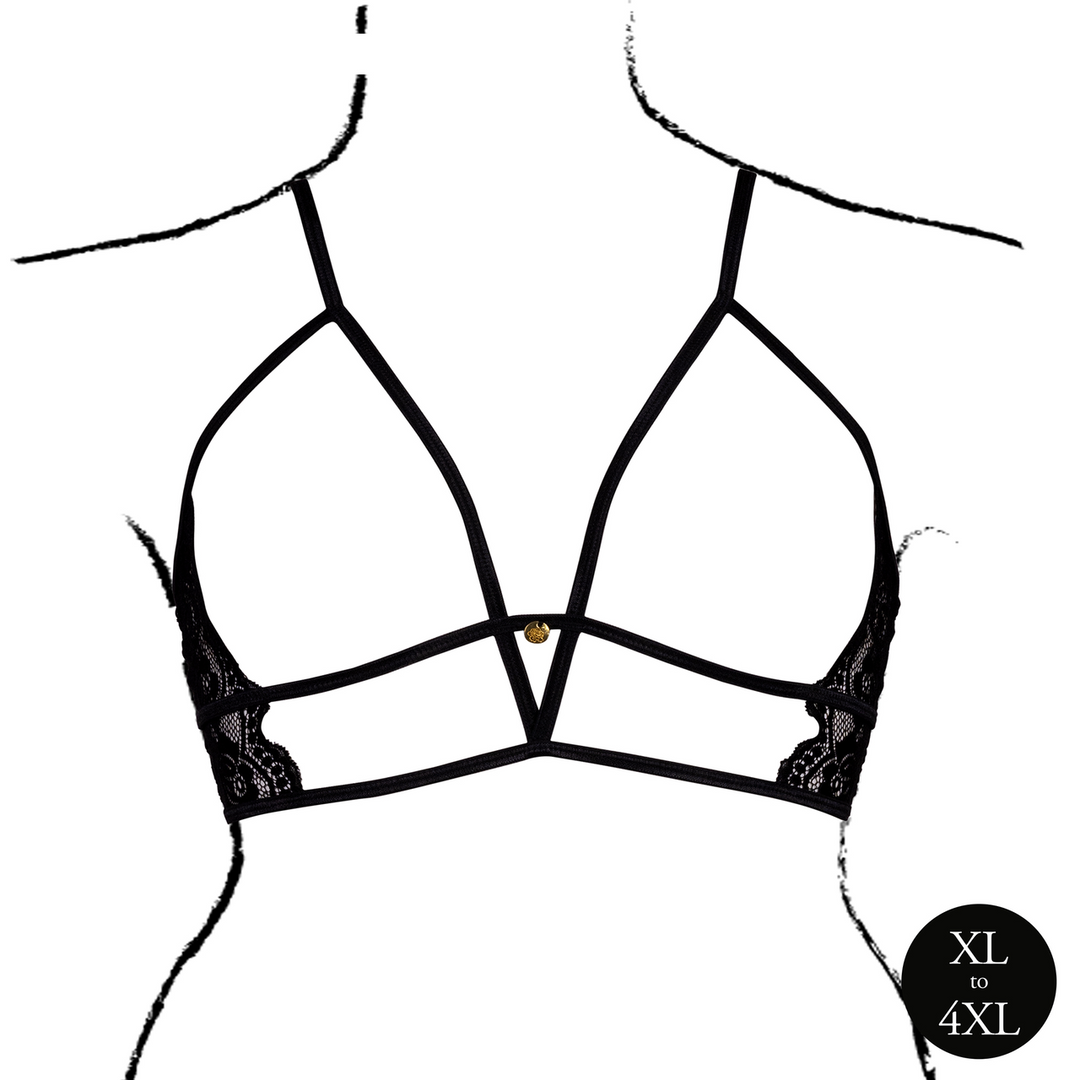 Open Cup Triangle Bra with Lace and Adjustable Sliders - Queen Size - Black