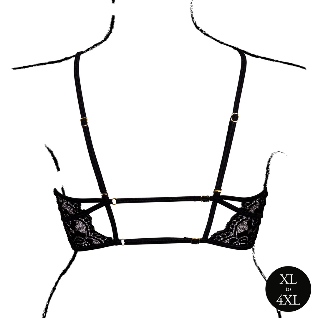 Open Cup Triangle Bra with Lace and Adjustable Sliders - Queen Size - Black