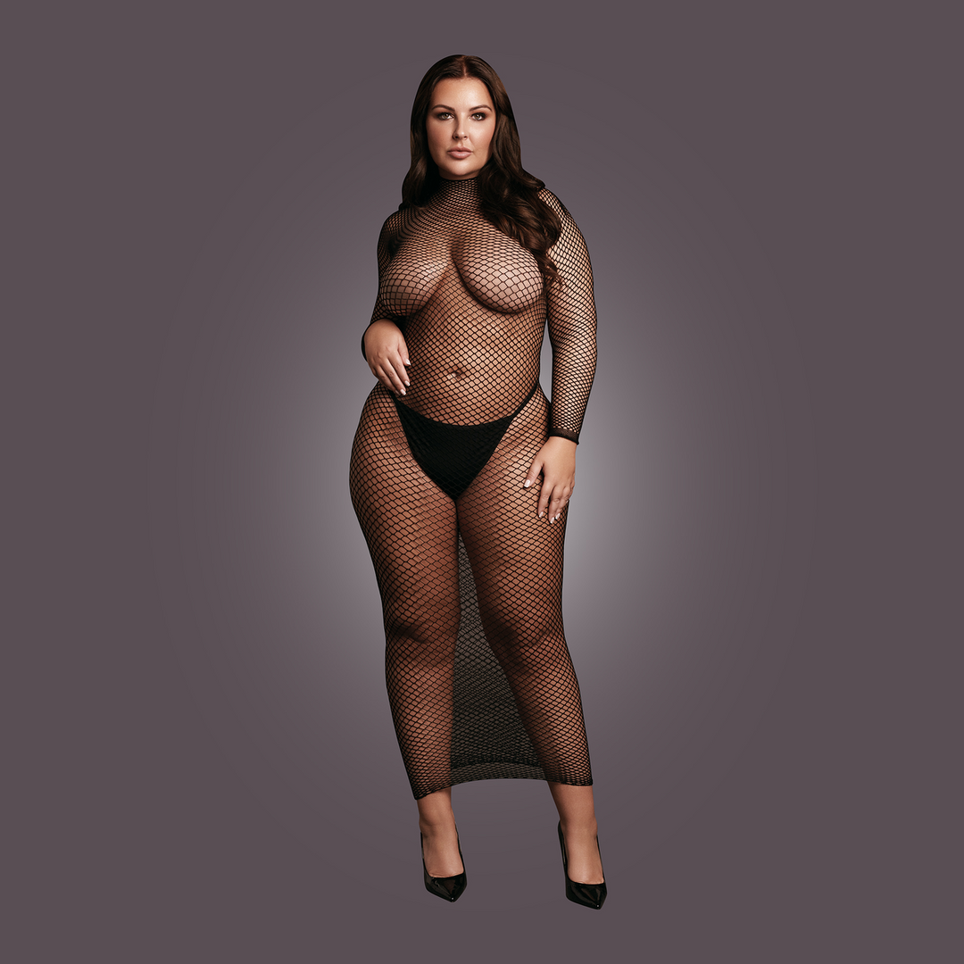 Long Dress Fishnet Structure and Turtle Neck - Queen Size - Black