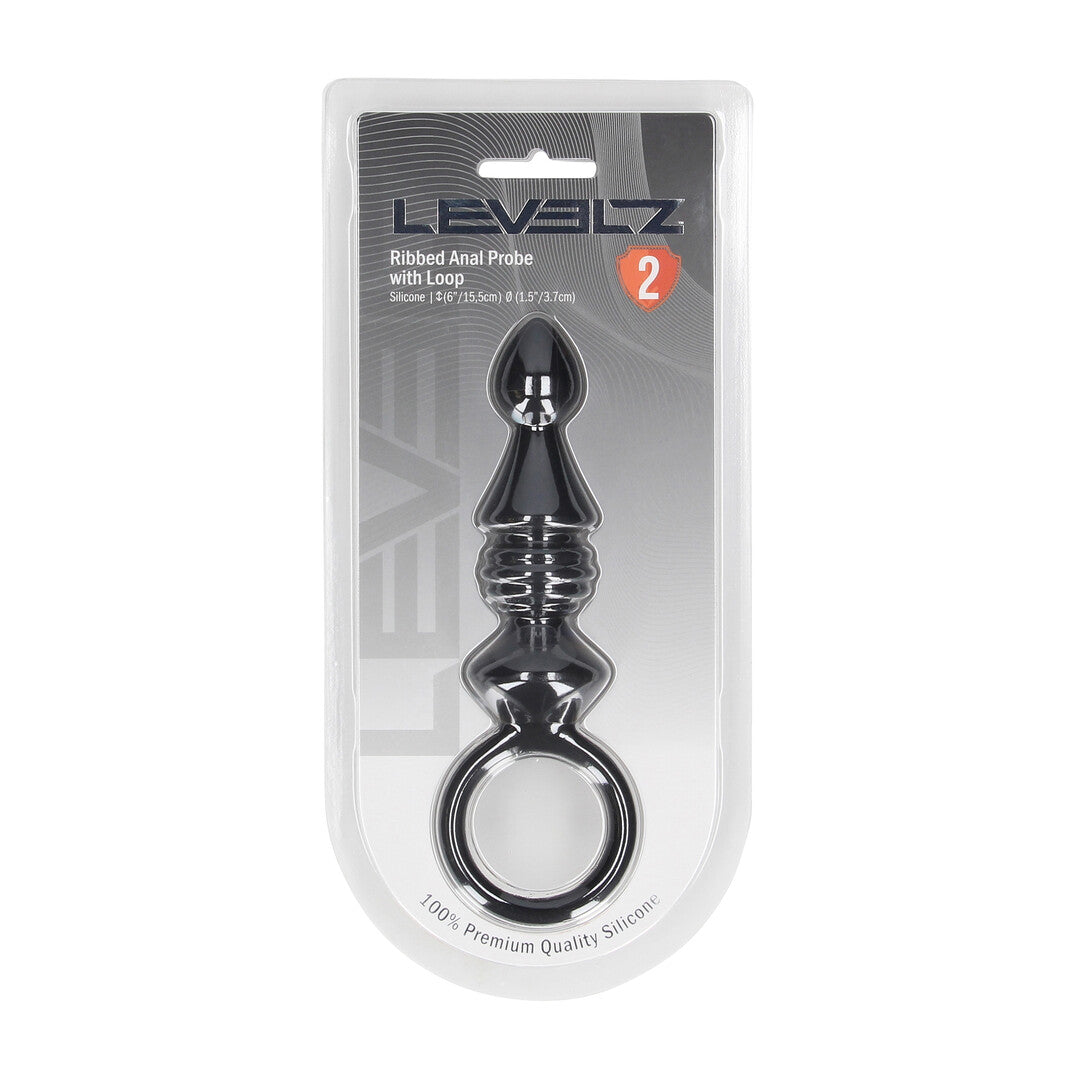 Ribbed Silicone Anal Probe with Loop - Black