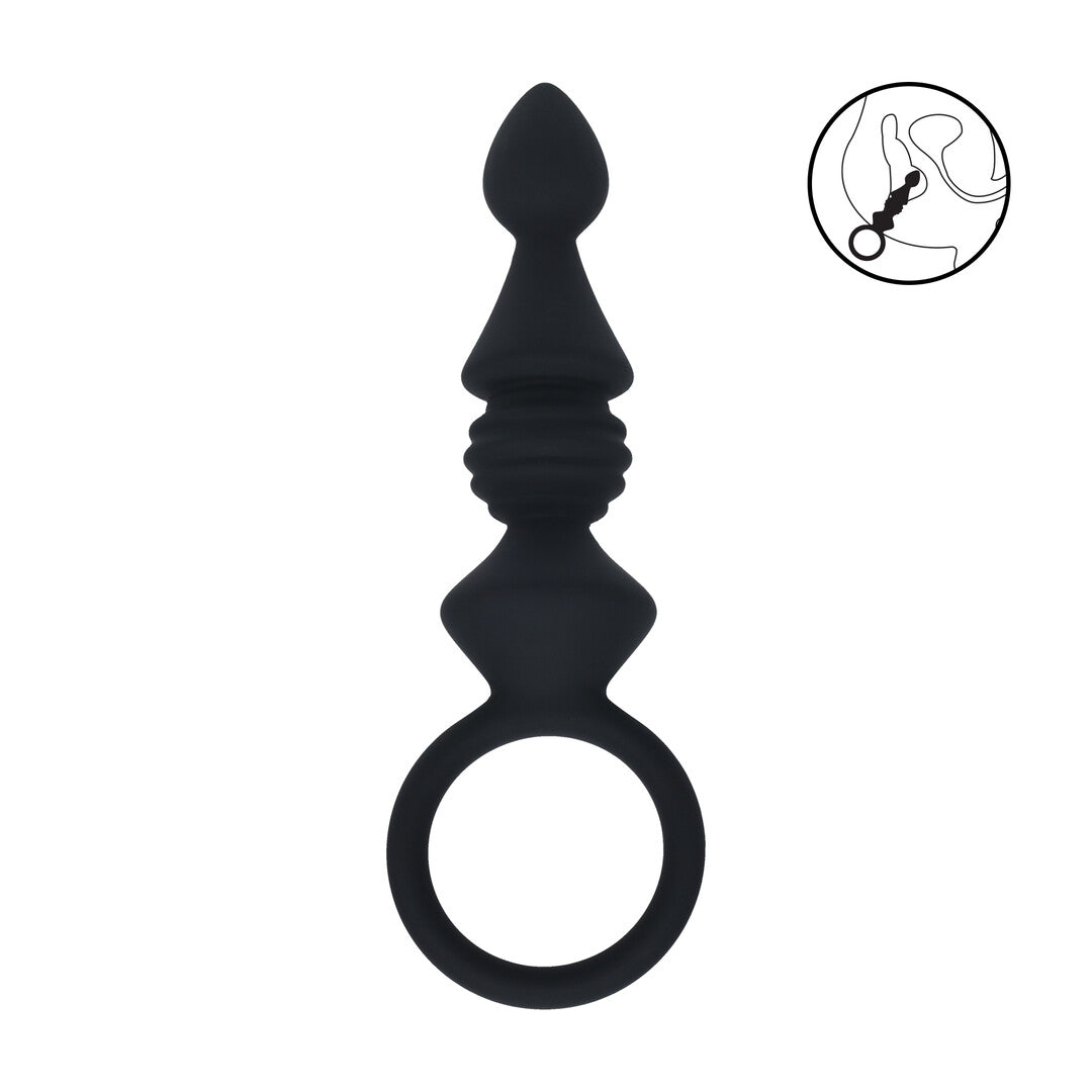 Ribbed Silicone Anal Probe with Loop - Black