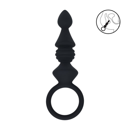 Ribbed Silicone Anal Probe with Loop - Black