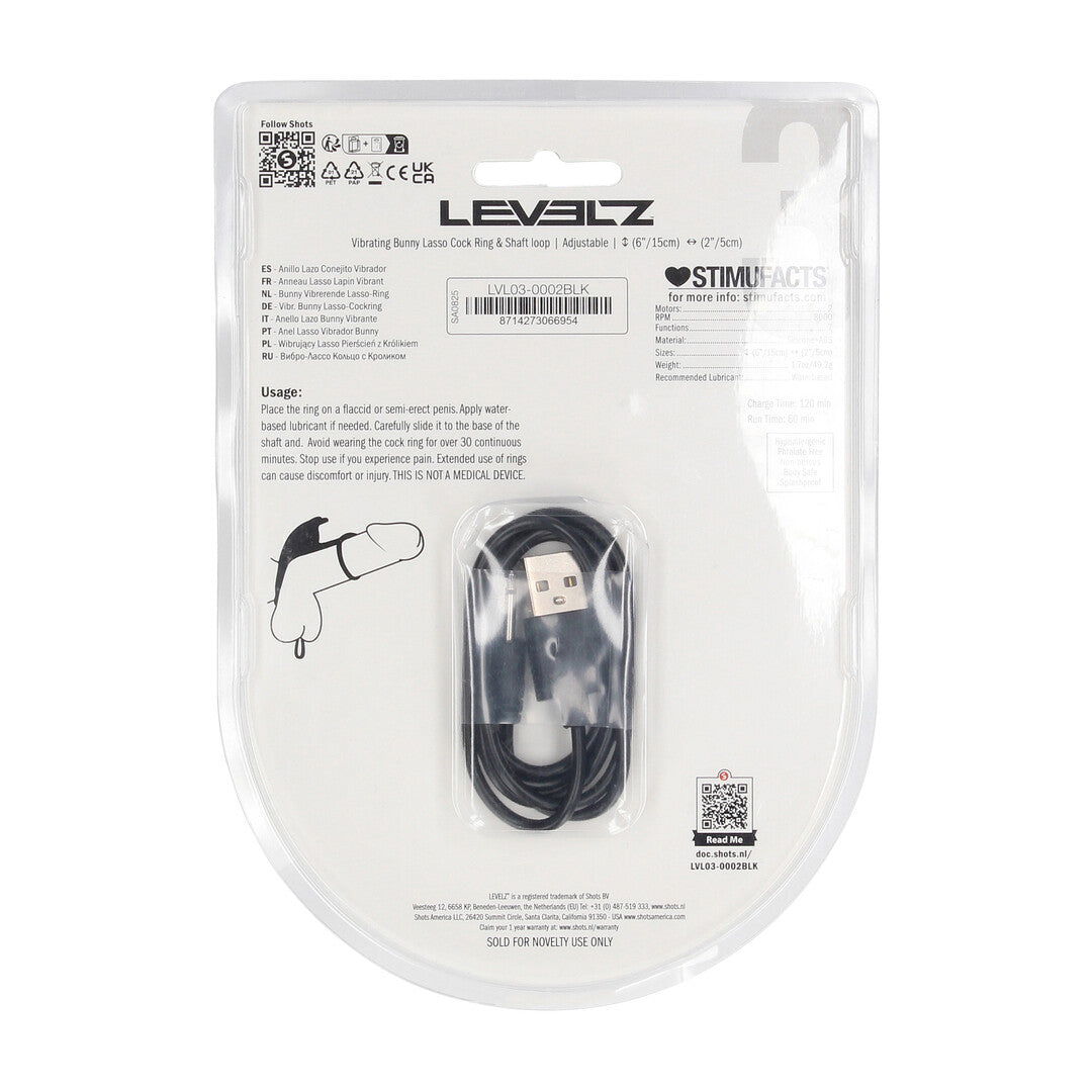 Adjustable Bunny Vibrating Silicone Lasso Cockring and Shaft Loop - Black