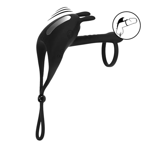 Adjustable Bunny Vibrating Silicone Lasso Cockring and Shaft Loop - Black