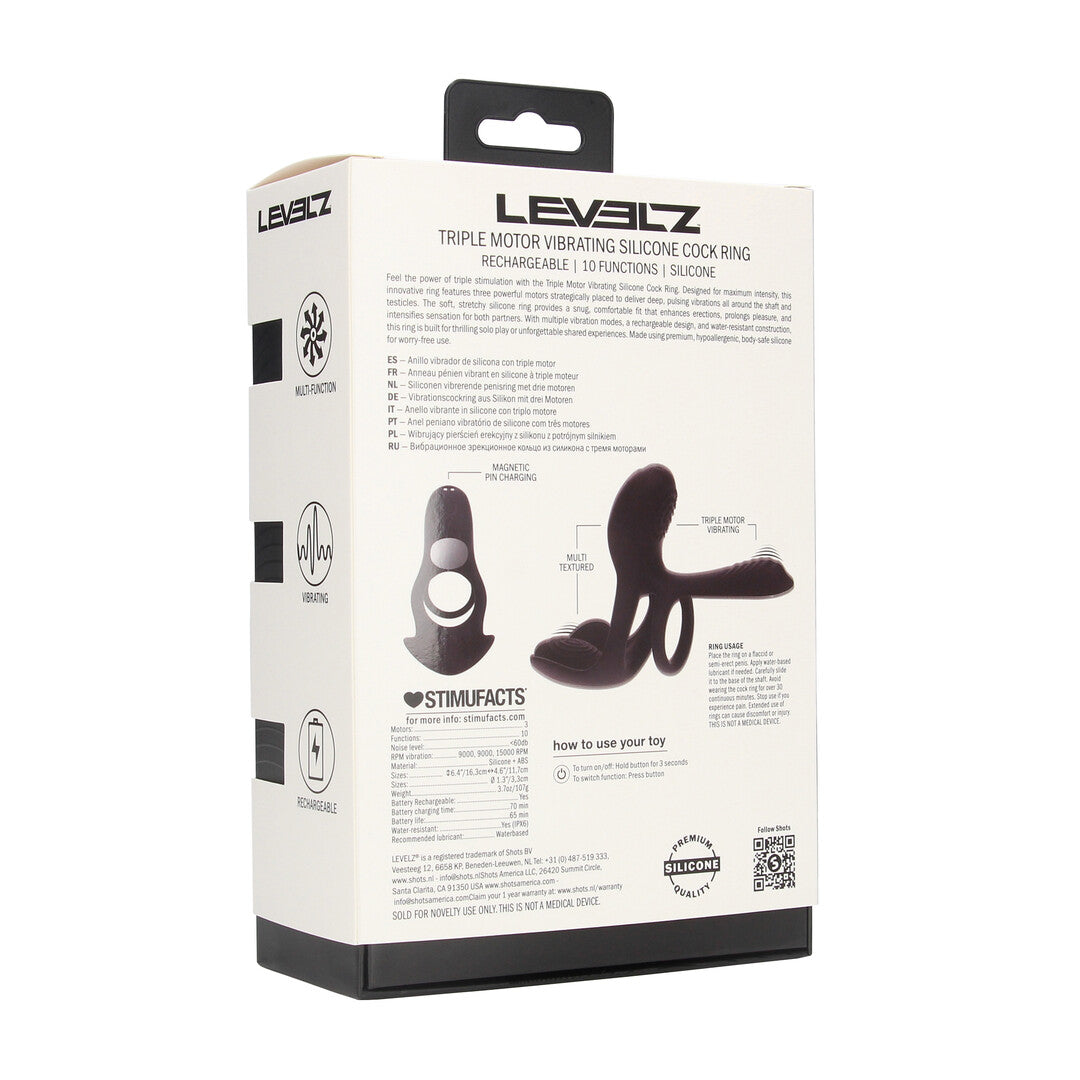 Triple Motor Vibrating Silicone Cockring - Black