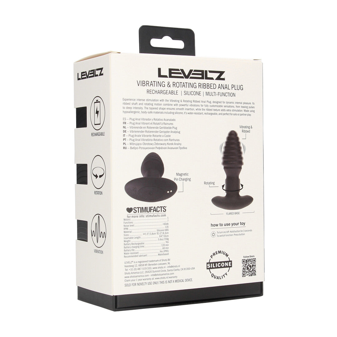 Vibrating and Rotating Ribbed Silicone Anal Plug - Black