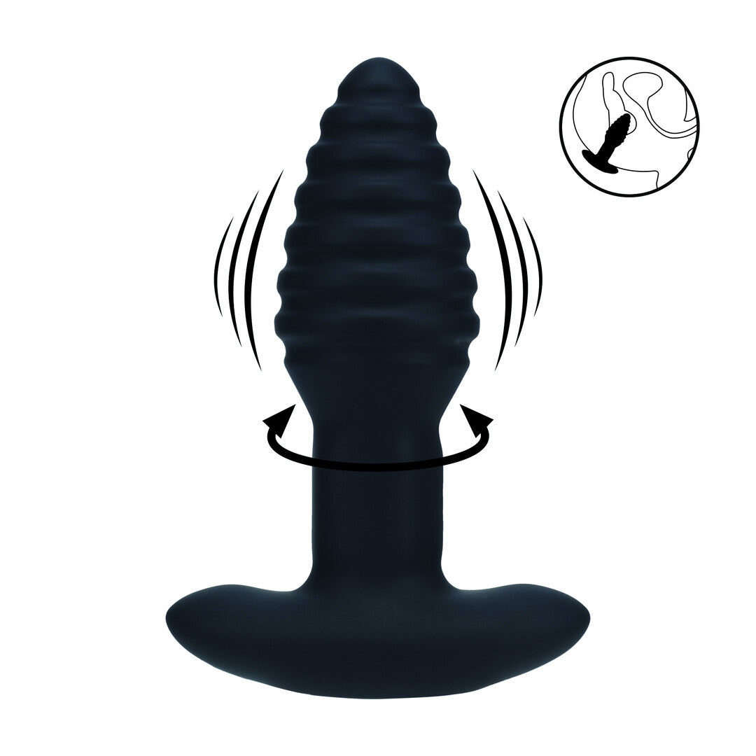 Vibrating and Rotating Ribbed Silicone Anal Plug - Black