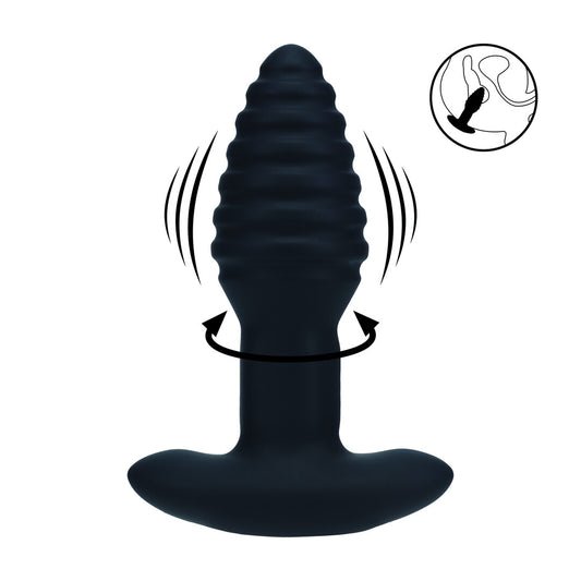 Vibrating and Rotating Ribbed Silicone Anal Plug - Black