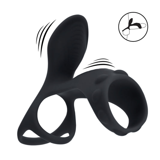 Vibrating Silicone Cock and Ball Ring with Shaft Loop - Black