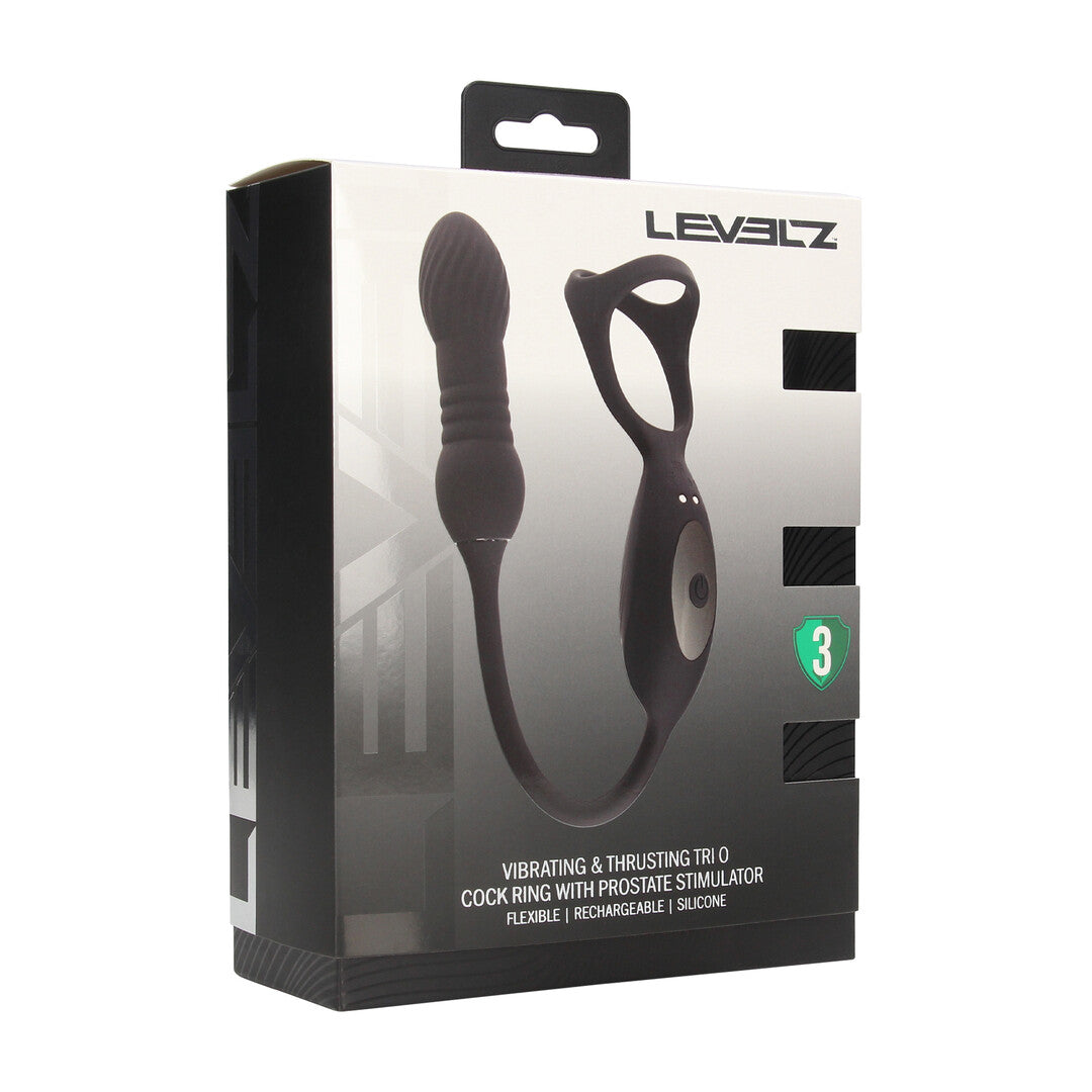 Vibrating and Thrusting Silicone Tri O Cockring with Prostate Stimulator - Black