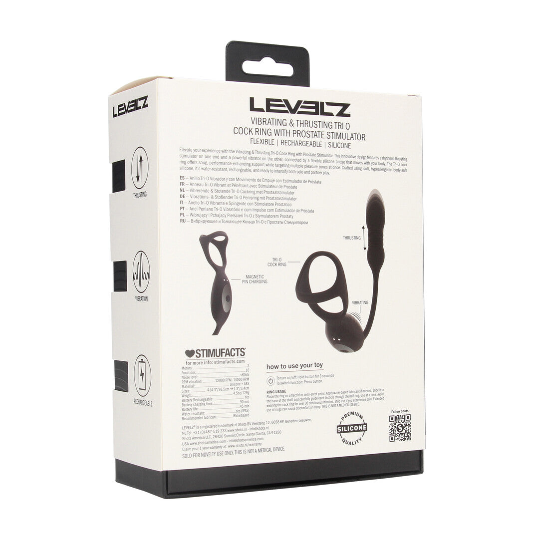 Vibrating and Thrusting Silicone Tri O Cockring with Prostate Stimulator - Black