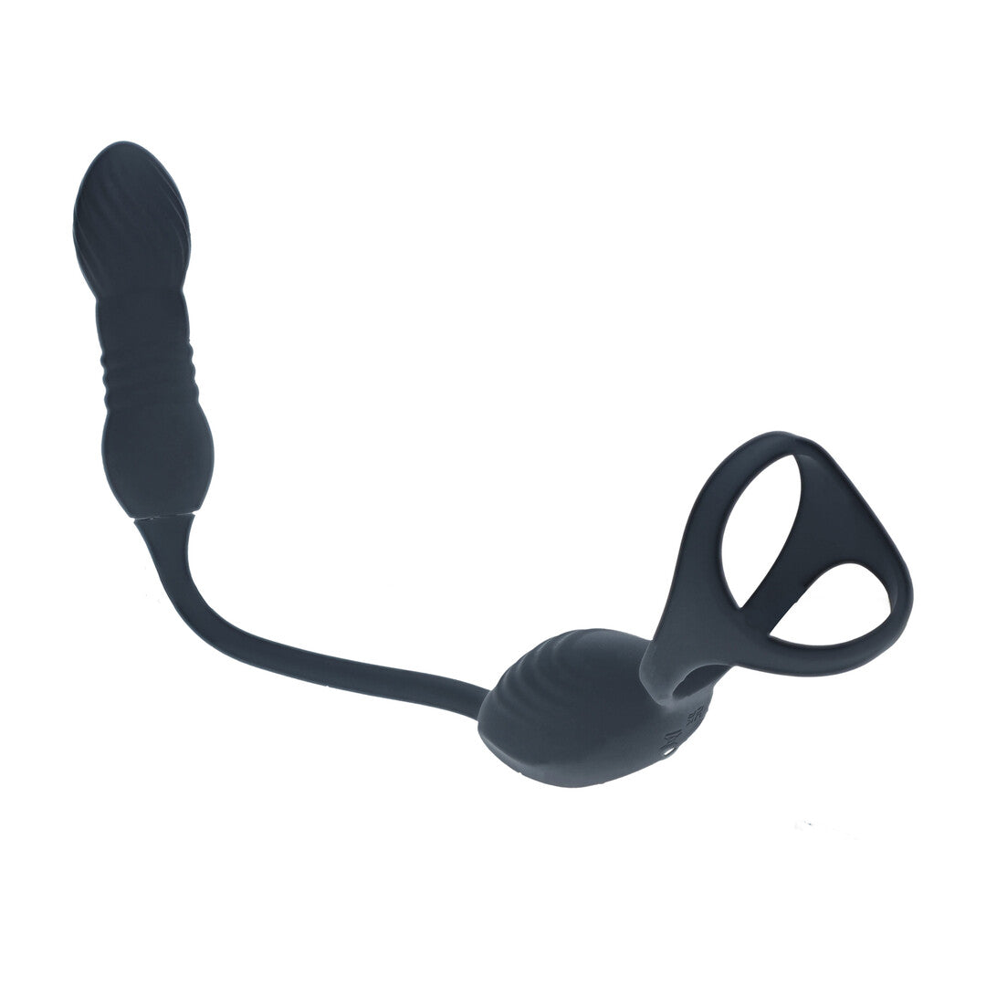 Vibrating and Thrusting Silicone Tri O Cockring with Prostate Stimulator - Black