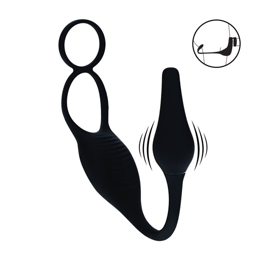 Vibrating Silicone Prostate Stimulator with Cock and Ball Ring - Black