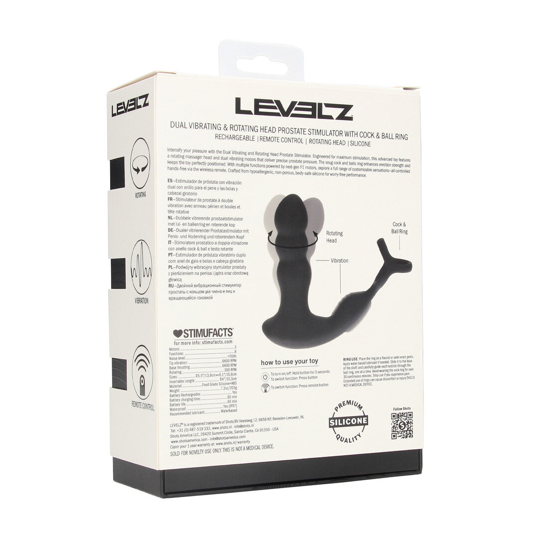 Dual Vibrating Remote Rotating Head Silicone Prostate Stimulator with Cock and Ball Ring - Black