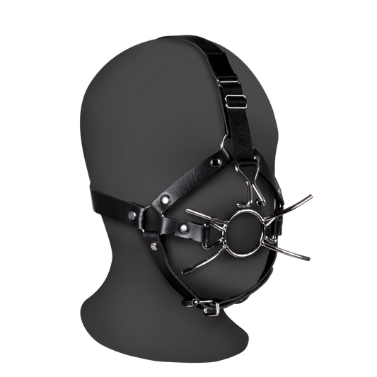 Head Harness with Spider Gag and Nose Hooks - Black